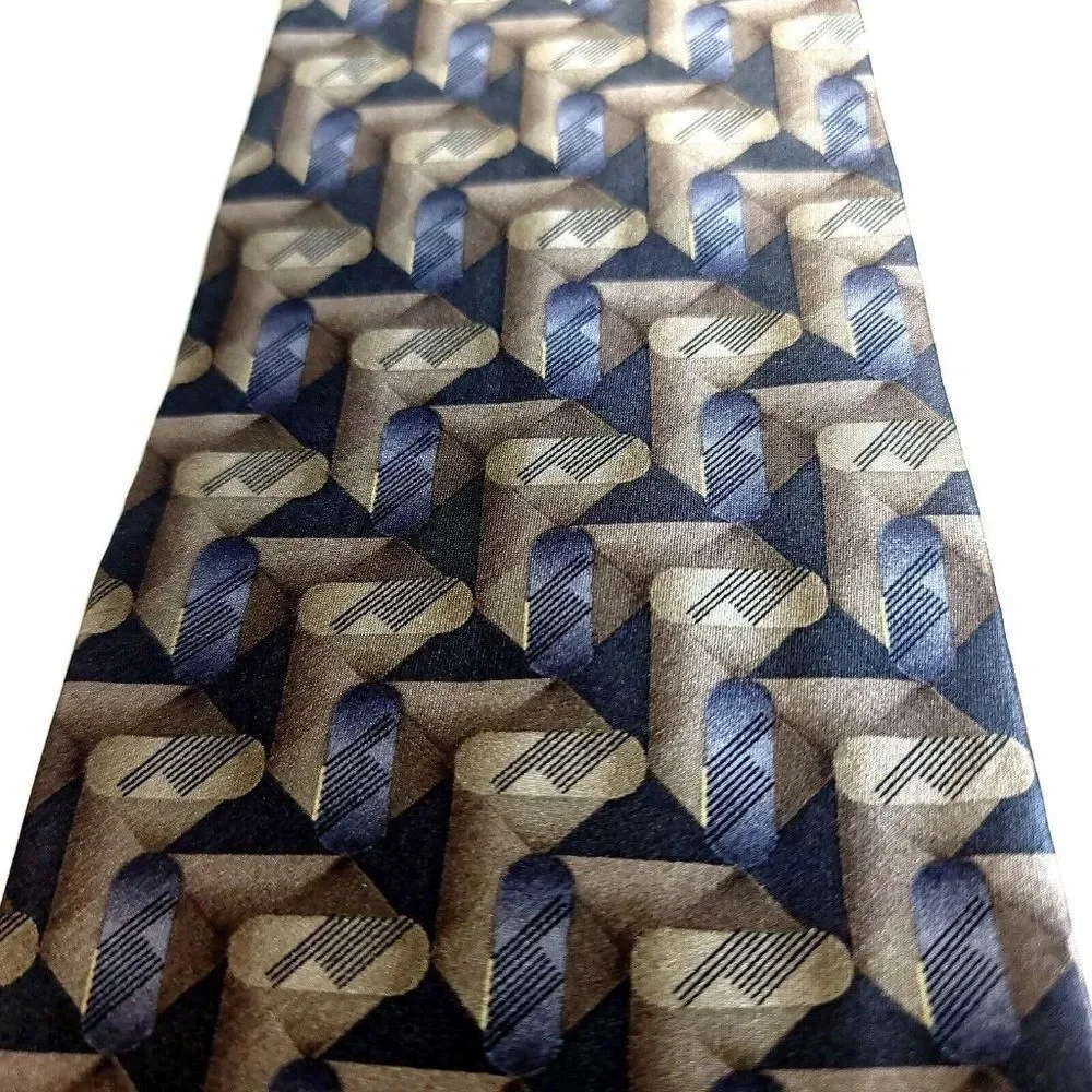 Bill Blass Tan Blue Beige Geometric Abstract Print Short Wide Silk Tie‎